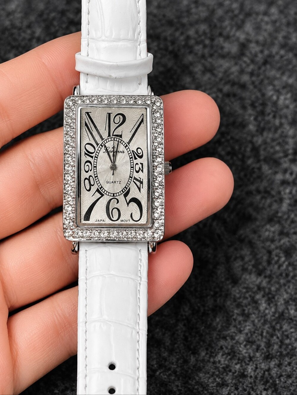 Vintage Louis Arden Art Deco Tank Watch Crystal Bezel White Croc Strap Quartz CC